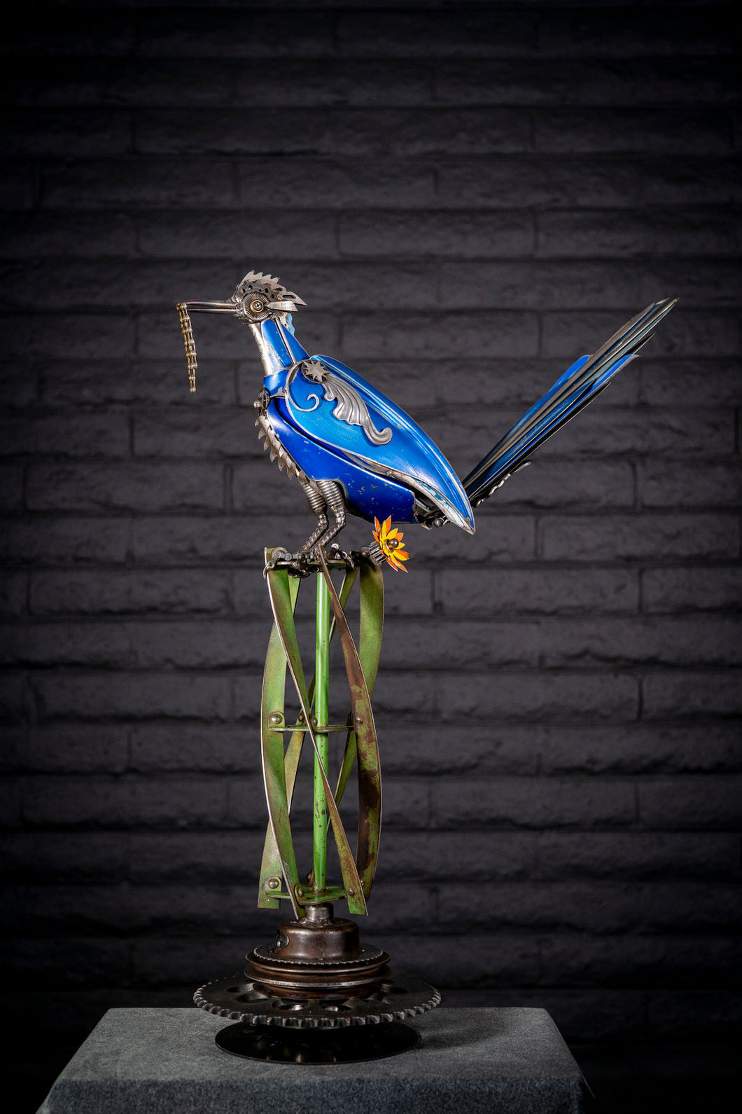 “Roadrunner reclaimed metal sculpture by Paul Klaine, 32-inch steampunk-inspired steel artwork of desert bird handcrafted from salvaged industrial materials.”
