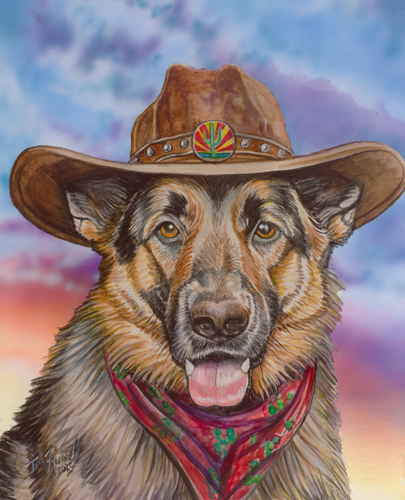 Watercolor and airbrushed painting of a German Shepherd wearing a cowboy hat and cactus bandana at sunset by artist Ian Russell
