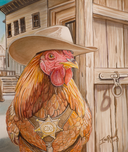 Watercolor and airbrushed painting of a rooster dressed as a cowboy sheriff in a Western town by artist Ian Russell