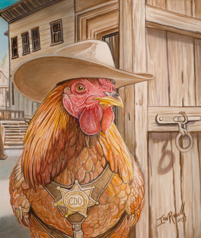 Watercolor and airbrushed painting of a rooster dressed as a cowboy sheriff in a Western town by artist Ian Russell