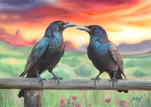 "Red Rock Romance" watercolor and airbrush painting by Ian Russell featuring two ravens perched on a wooden fence against a vibrant Sedona sunset and red rock mountains, Southwest wildlife art print.