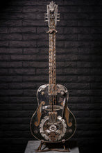 Load image into Gallery viewer, &quot;Spanish Ripper&quot; reclaimed metal guitar sculpture by Paul Klaine, 56-inch tall steel artwork featuring chains, barbed wire, gears, and saw blade design, industrial contemporary art piece.