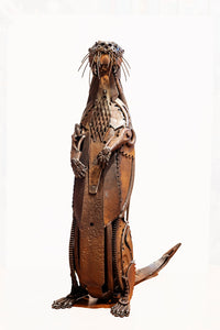 “Standup Guy” metal otter sculpture by David Groenjes, handcrafted from reclaimed steel and upcycled industrial materials, original wildlife art at Ian Russell Gallery Prescott Arizona.