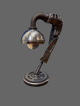 Load image into Gallery viewer, Side view of Stroke of Chrome, a vintage industrial steampunk lamp featuring mechanical elements and polished chrome details.