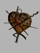 Load image into Gallery viewer, Side view of To Drill Your 🌺, a steampunk-inspired metal heart sculpture blending mechanical and romantic aesthetics.