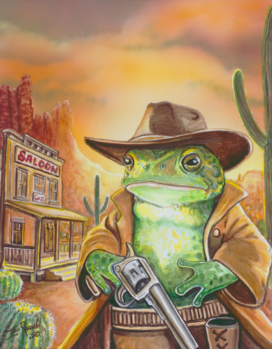 Watercolor and airbrushed painting of a cowboy frog with a revolver standing in front of a Western saloon at sunset by artist Ian Russell