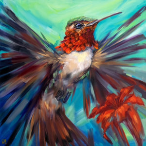 Helo’s Desert Bloom – A vibrant hummingbird wall art painting by Ans Carnes, featuring a colorful hummingbird in motion among desert flowers, blending realism with expressive brushstrokes