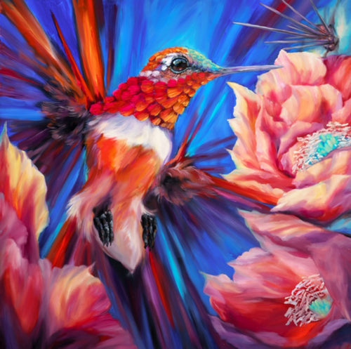 Helo’s Opuntia – A striking hummingbird painting by Ans Carnes, featuring a dynamic hummingbird in flight near blooming prickly pear cactus, with bold colors and expressive brushstrokes