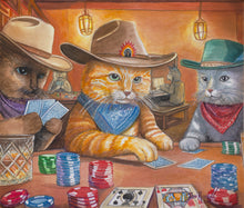 Load image into Gallery viewer, &quot;Catnip and Poker Chips&quot; original watercolor painting by Ian Russell featuring cowboy cats playing poker in a Western saloon, whimsical animal art from Ian Russell Gallery Prescott Arizona.