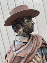 Load image into Gallery viewer, &quot;Luck of the Draw&quot; reclaimed metal sculpture by David Groenjes, 72-inch tall cowboy gunslinger bust with hat, poncho, and revolver made from salvaged steel.