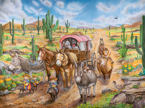 Whimsical watercolor painting of a Western wagon train with animals, children, and desert scenery featuring cacti, mountains, and wildflowers by artist Ian Russell

