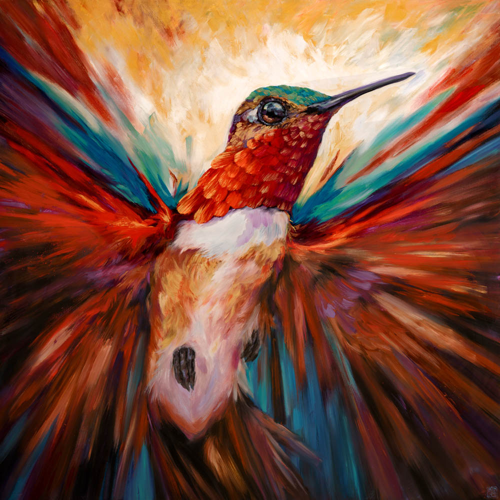 Helo’s Desert Jewel – A stunning hummingbird painting by Ans Carnes, featuring a lively hummingbird hovering near vibrant desert flowers, painted with bold colors and expressive textures