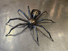 Load image into Gallery viewer, “Wolf Spider” reclaimed metal sculpture by David Groenjes, handcrafted steel spider art made from welded and repurposed materials, original wildlife sculpture at Ian Russell Gallery Prescott Arizona.