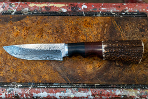 Jumbo Hunting Knife- Rosewood, Deer Horn, and Damascus Steel