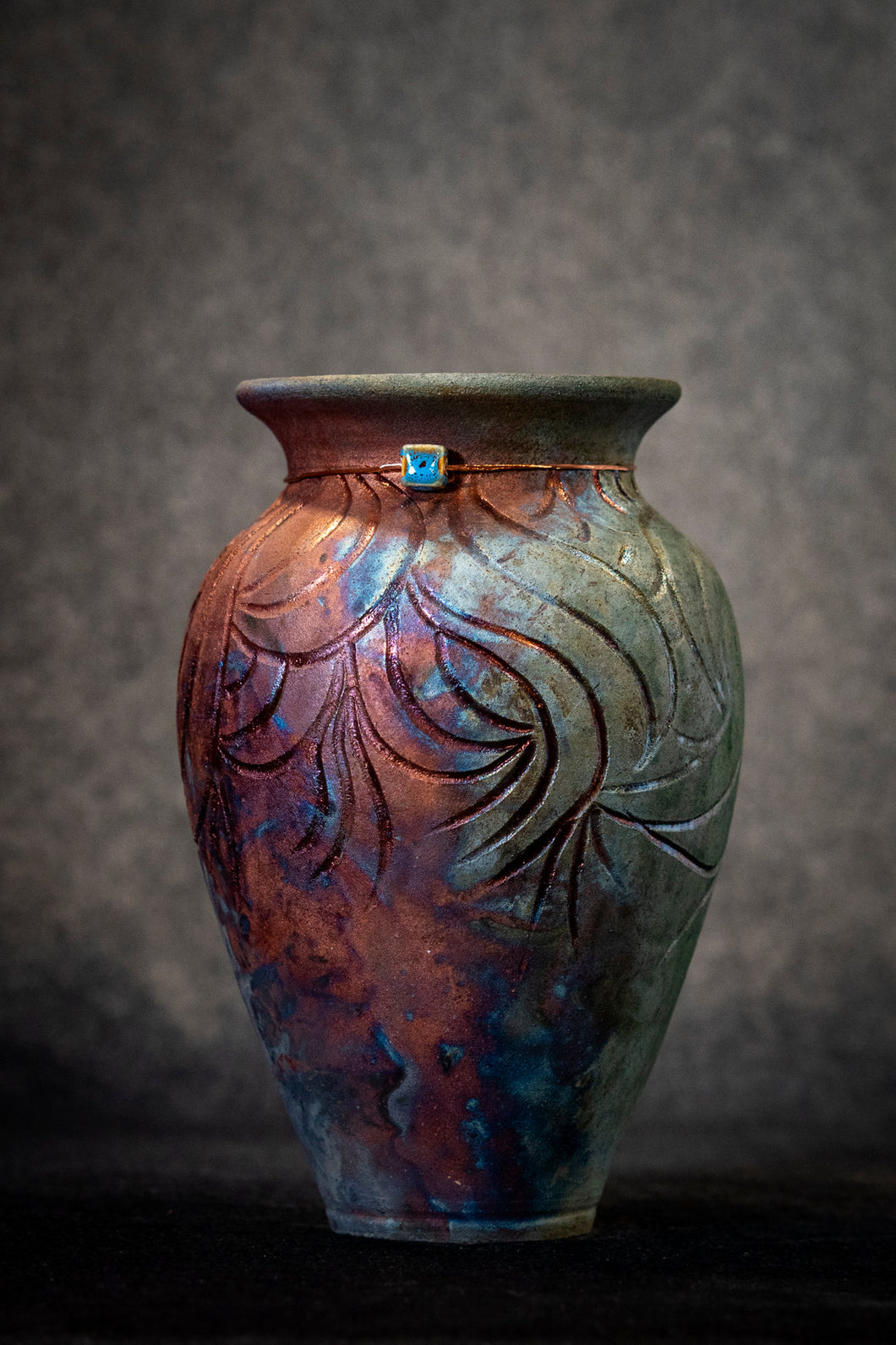 Large Vase-  Multi Colored Copper with Leaf Pattern (Not Glazed)