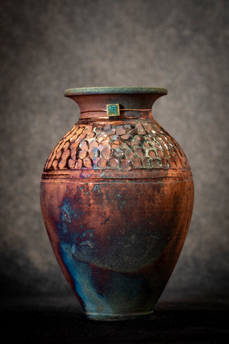 Medium Fat Vase-  Multi Colored Copper with Hammer Pattern (Not Glazed)