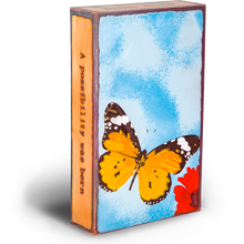 Load image into Gallery viewer, Side view of Chrysalis Spiritile by Houston Llew – Kiln-fired glass on copper with wrapped edges and engraved motivational quote