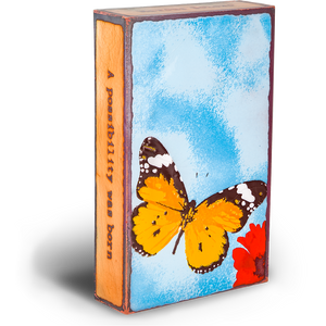 Side view of Chrysalis Spiritile by Houston Llew – Kiln-fired glass on copper with wrapped edges and engraved motivational quote