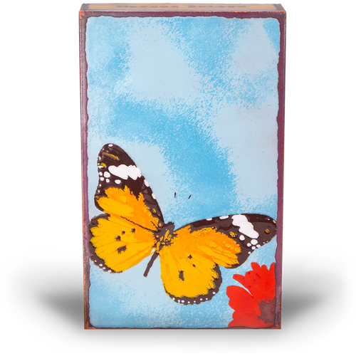 Chrysalis Spiritile by Houston Llew – Handcrafted glass enamel on copper art tile featuring a butterfly and inspirational quote, available at Ian Russell Gallery