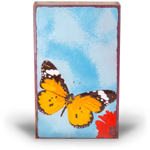 Chrysalis Spiritile by Houston Llew – Handcrafted glass enamel on copper art tile featuring a butterfly and inspirational quote, available at Ian Russell Gallery