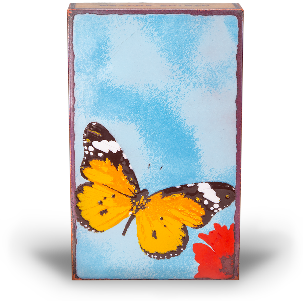 Chrysalis Spiritile by Houston Llew – Handcrafted glass enamel on copper art tile featuring a butterfly and inspirational quote, available at Ian Russell Gallery