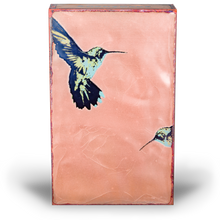 Load image into Gallery viewer, Wing It Spiritile by Houston Llew – Handcrafted glass enamel on copper art tile featuring a whimsical flying hummingbird and inspirational quote, available at Ian Russell Gallery.