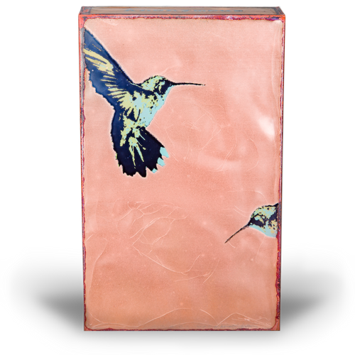 Wing It Spiritile by Houston Llew – Handcrafted glass enamel on copper art tile featuring a whimsical flying hummingbird and inspirational quote, available at Ian Russell Gallery.