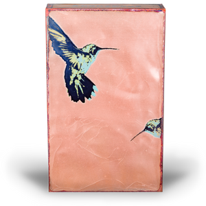 Wing It Spiritile by Houston Llew – Handcrafted glass enamel on copper art tile featuring a whimsical flying hummingbird and inspirational quote, available at Ian Russell Gallery.