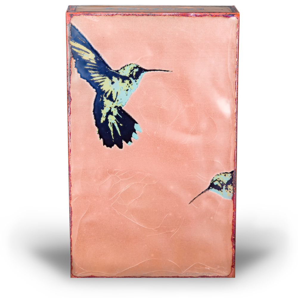 Wing It Spiritile by Houston Llew – Handcrafted glass enamel on copper art tile featuring a whimsical flying hummingbird and inspirational quote, available at Ian Russell Gallery.