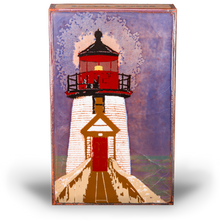 Load image into Gallery viewer, Houston Llew Spiritile #239 ‘Beacon’ – Glass-on-copper art tile featuring a lighthouse standing tall against a sunset sky, perfect for nautical decor and coastal home accents