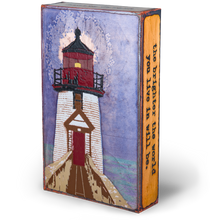 Load image into Gallery viewer, Houston Llew Spiritile #239 ‘Beacon’ displayed in a nautical-themed setting – Unique glass-on-copper wall art gift for lighthouse lovers, sailors, and collectors.