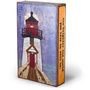 Houston Llew Spiritile #239 ‘Beacon’ displayed in a nautical-themed setting – Unique glass-on-copper wall art gift for lighthouse lovers, sailors, and collectors.