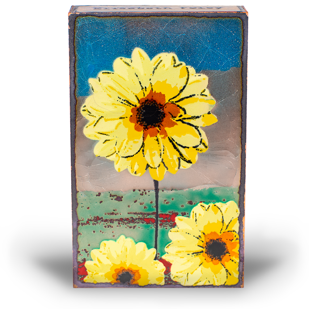 Houston Llew Spiritile #269 ‘Nurture’ – Glass-on-copper art tile featuring a vibrant bird feeding its young in a nest, perfect for nature lovers, mothers, and collectors.