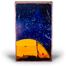 Load image into Gallery viewer, Houston Llew Spiritile #264 ‘Our Corner’ – Glass-on-copper art tile featuring two Adirondack chairs overlooking a sunset by the water, perfect for lake house or coastal decor.