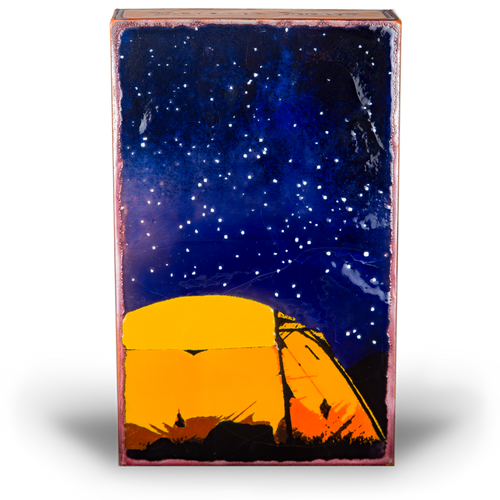Houston Llew Spiritile #264 ‘Our Corner’ – Glass-on-copper art tile featuring two Adirondack chairs overlooking a sunset by the water, perfect for lake house or coastal decor.