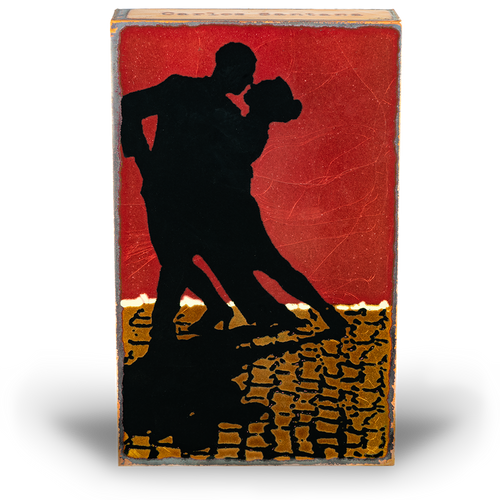Houston Llew Spiritile #211 ‘Tandem’ – Glass-on-copper art tile featuring a red tandem bicycle, symbolizing partnership, adventure, and connection. Perfect for cyclists and couples.