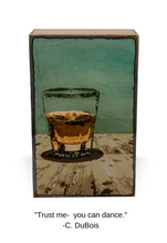 Load image into Gallery viewer, Houston Llew Spiritile #247 ‘Liquid Courage’ – Handcrafted glass enamel art tile featuring an artistic whiskey bottle and glass design, perfect for bourbon and whiskey lovers