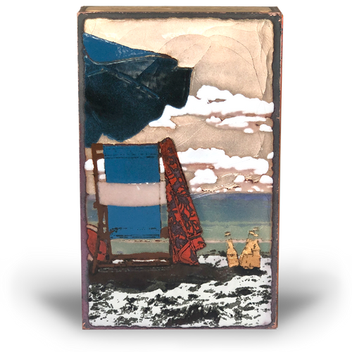 Houston Llew Spiritile #264 ‘Refresh’ – Glass-on-copper art tile featuring a beach chair and ocean waves, symbolizing relaxation and tranquility. Perfect coastal decor and beach lovers' gift.