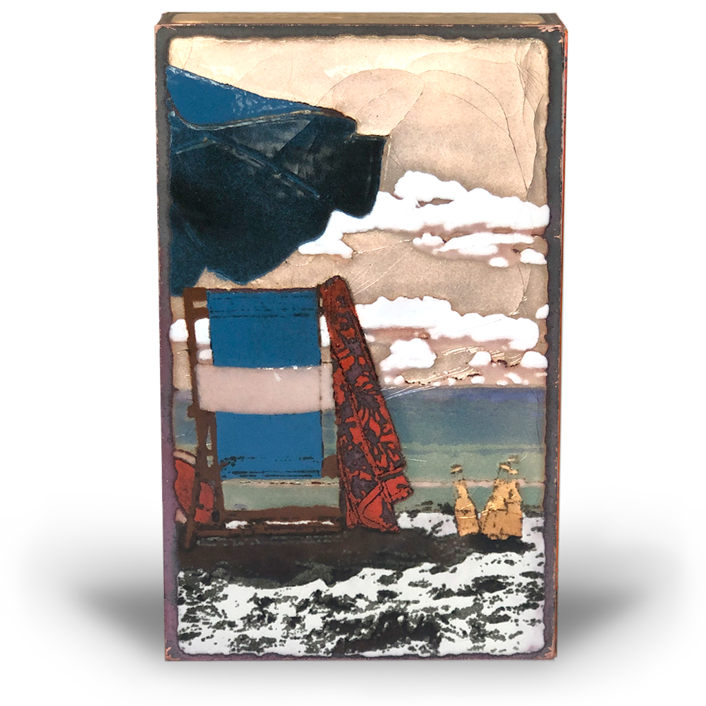 Houston Llew Spiritile #264 ‘Refresh’ – Glass-on-copper art tile featuring a beach chair and ocean waves, symbolizing relaxation and tranquility. Perfect coastal decor and beach lovers' gift.