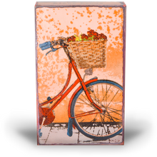 Load image into Gallery viewer, Houston Llew Spiritile #274 ‘Fresh Ride’ – Handcrafted glass enamel art tile featuring a vintage bicycle with an inspirational quote about life&#39;s journey.