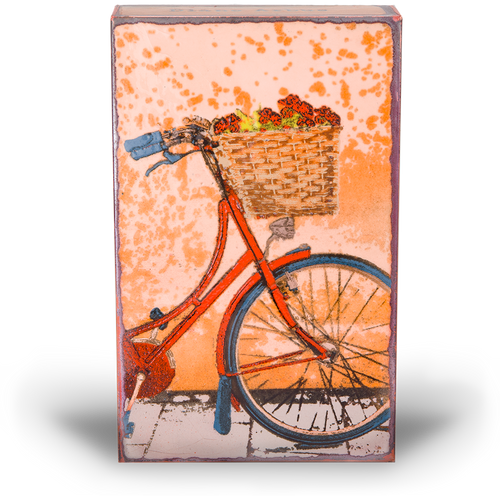 Houston Llew Spiritile #274 ‘Fresh Ride’ – Handcrafted glass enamel art tile featuring a vintage bicycle with an inspirational quote about life's journey.