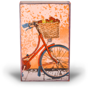 Houston Llew Spiritile #274 ‘Fresh Ride’ – Handcrafted glass enamel art tile featuring a vintage bicycle with an inspirational quote about life's journey.