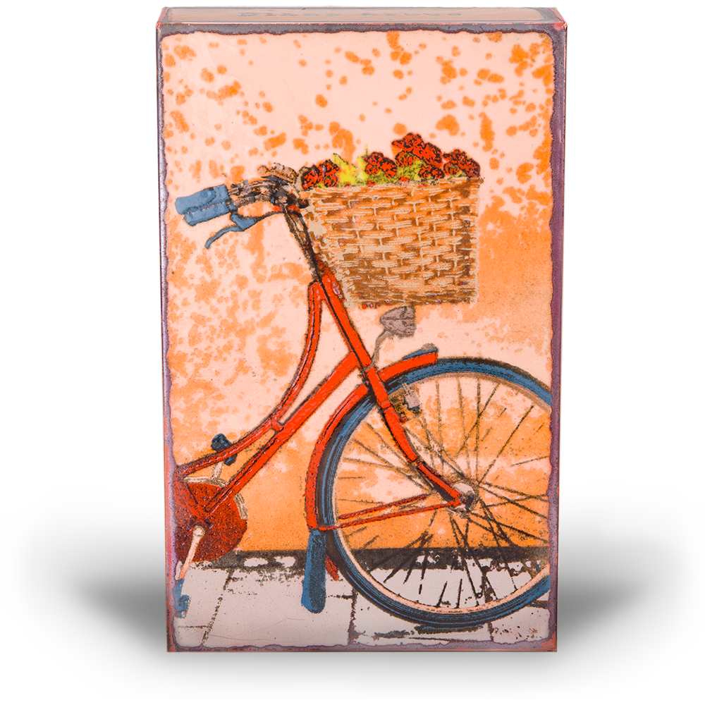 Houston Llew Spiritile #274 ‘Fresh Ride’ – Handcrafted glass enamel art tile featuring a vintage bicycle with an inspirational quote about life's journey.