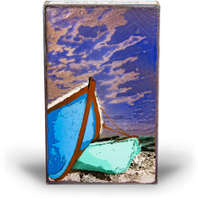 Load image into Gallery viewer, Houston Llew Spiritile #274 ‘Sea Worthy’ – Handcrafted glass enamel artwork featuring a classic wooden sailboat on the water, symbolizing adventure and resilience.