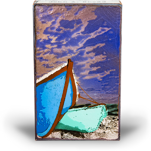 Houston Llew Spiritile #274 ‘Sea Worthy’ – Handcrafted glass enamel artwork featuring a classic wooden sailboat on the water, symbolizing adventure and resilience.