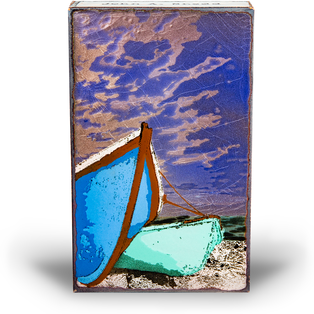 Houston Llew Spiritile #274 ‘Sea Worthy’ – Handcrafted glass enamel artwork featuring a classic wooden sailboat on the water, symbolizing adventure and resilience.