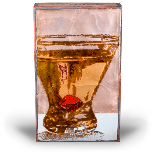 Houston Llew Spiritile #256 ‘Temptation’ – Glass-on-copper art tile featuring a rich chocolate cake on a pedestal, perfect for dessert lovers, kitchen decor, and collectors.