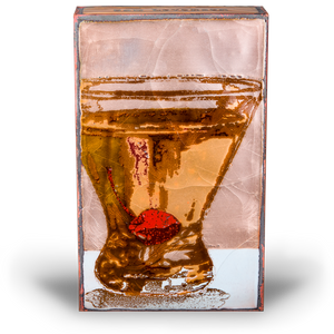 Houston Llew Spiritile #256 ‘Temptation’ – Glass-on-copper art tile featuring a rich chocolate cake on a pedestal, perfect for dessert lovers, kitchen decor, and collectors.