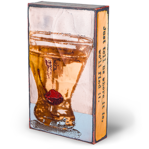 Houston Llew Spiritile #256 ‘Temptation’ displayed in a stylish bar setting – Unique glass-on-copper wall art gift for whiskey lovers, wine enthusiasts, and collectors.