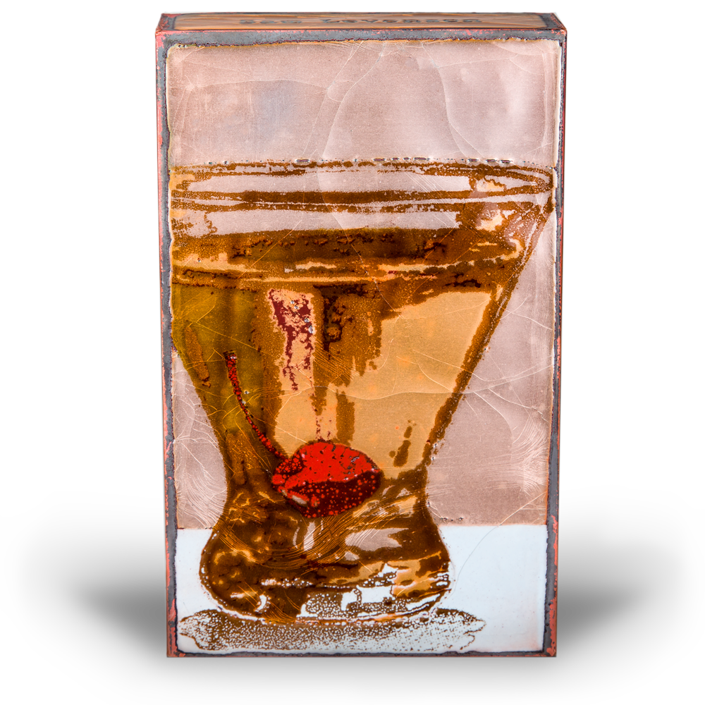 Houston Llew Spiritile #256 ‘Temptation’ – Glass-on-copper art tile featuring a rich chocolate cake on a pedestal, perfect for dessert lovers, kitchen decor, and collectors.